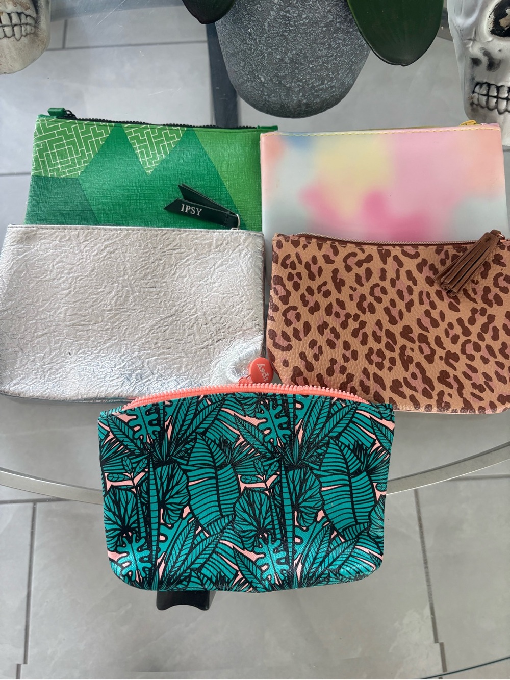 ipsy Teal Palm Leaf Print Cosmetic Pouch with Pink Trim
